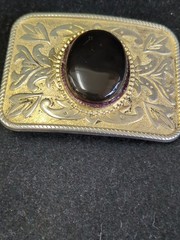 Vintage Western Belt Buckle Gold & Silver Tone Black Stone Mixed Metal