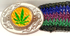 Hemp Leaf Belt Buckle Metal w/ 39” Belt Cannabis 420 Weed Cheeba Holographic