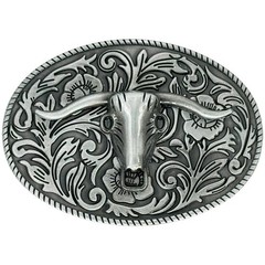 Men Rodeo Fashion Belt Buckle Silver Metal Longhorn Bull Oval Filigree Cow Skull