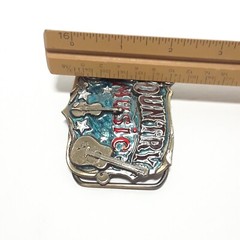 VTG 80s Country Music Belt Buckle Great American USA Guitar Violin Banjo Enamel