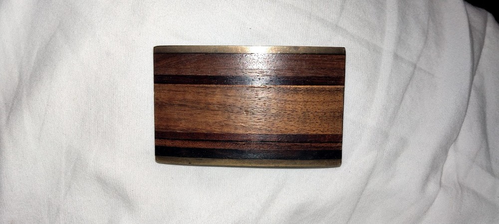 Vintage Kenneth Reid Albuquerque NM Exotic Wood Inlaid In Brass Belt Buckle