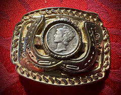Western Horseshoe Frame Belt Buckle w/ 1942 Mercury Dime Coin, 2 inches