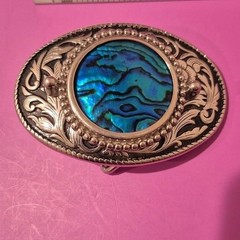 Vintage Western Oval Belt Buckle Blue Abalone Shell Inlay Silver Tone Floral