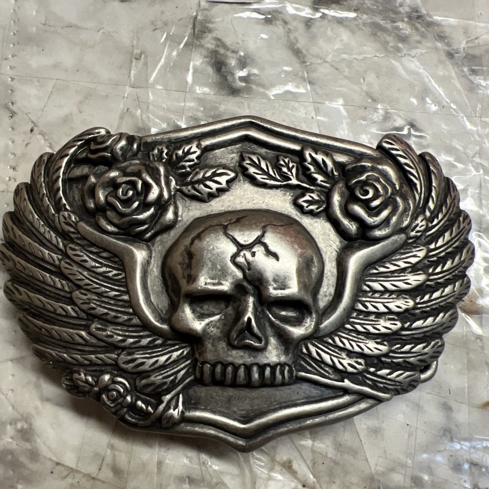 Belt Buckle – Skull With Wings and Roses. Biker Buckle to suit 1.5&Prime; (40mm) Belt