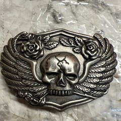 Belt Buckle – Skull With Wings and Roses. Biker Buckle to suit 1.5&Prime; (40mm) Belt