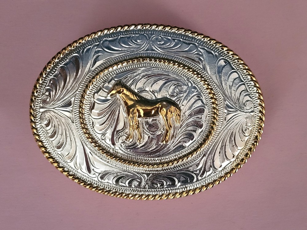 JUSTIN Silver Mexico Engraved Belt Buckle With Gilt Horse Motif