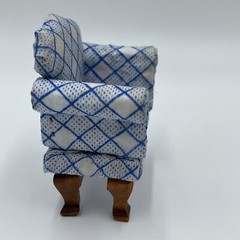 Vintage Doll House Upholstered Arm Chair Checker Stripes White Blue Print READ