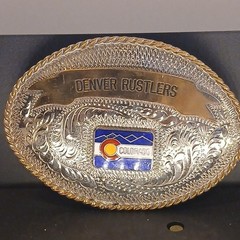 Lot of 2 Oval Western Belt Buckles Denver Rustlers Colorado Flag & US