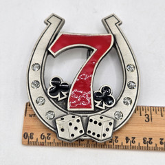 Pewter Belt Buckle Gamble Lucky 7 Horseshoe Dice Rhinestones Las Vegas