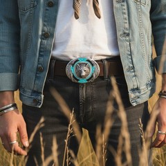 Men Western Belt Buckle Silver Metal Bear Hunter Country Chic Casual Jeans Pants