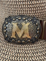 Antiqued Silver Letter Initial M Gold Classic Rectangle Flower Belt Buckle