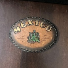 Vintage Tooled & Painted Mexico Souvenir Leather Belt Buckle Cactus Aluminum 70s