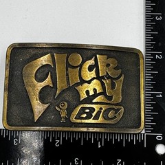 Vintage Flick My Bic Belt Buckle Brass Tone 1970s Advertising Made in USA Retro