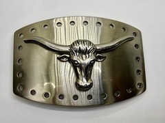 Longhorn Steer Skull Raised Silver Tone Large Belt Buckle With Hole Border