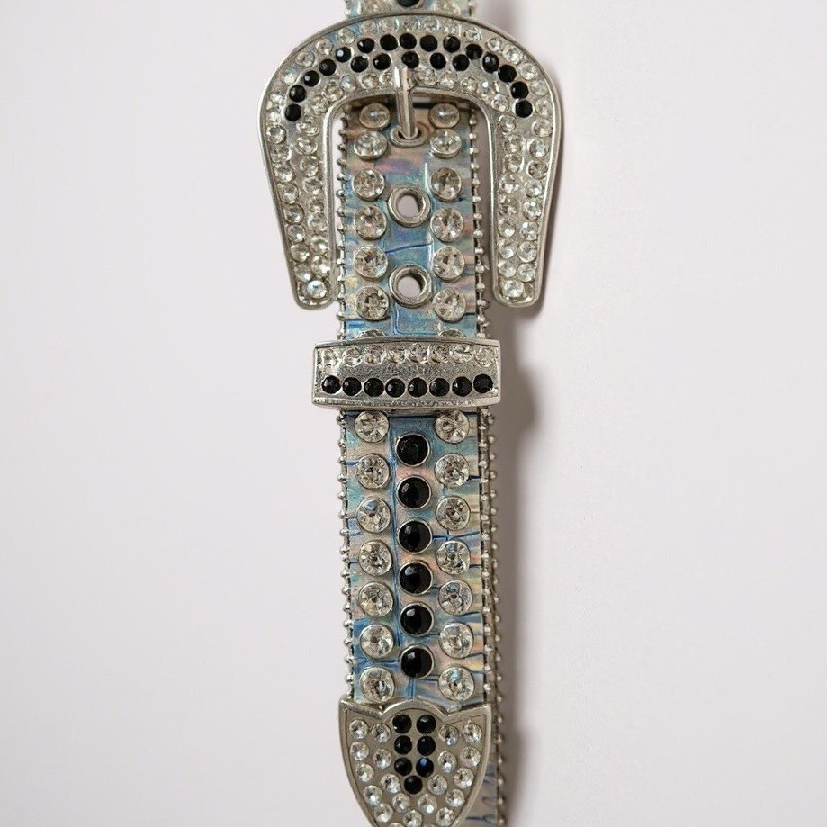 Rare DNA Rhinestone Belt Glow in the Dark Leather Silver Platinum Size Large L