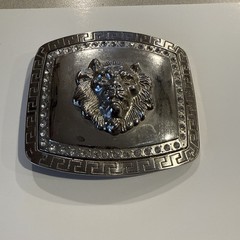 L Lion Head Belt Buckle Silver Tone Rhinestone Greek Key Designer Style