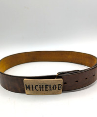 vintage 1970s leather belt & buckle MICHELOB beer SOLID BRASS cowboy WESTERN