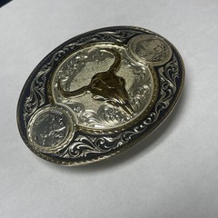 Montana Silversmiths Two-Tone Buffalo Nickel Belt Buckle with Longhorn Skull