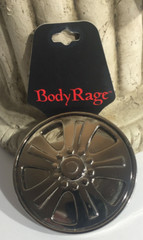 Body Rage Spinning Tire Rim Wheel Spinner Cut-Out Alloy Belt Buckle Chrome New