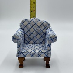 Vintage Doll House Upholstered Arm Chair Checker Stripes White Blue Print READ