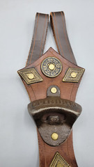 Vintage Cowboy Cast Iron Bottle Opener Brown Genuine Leather Belt Holster