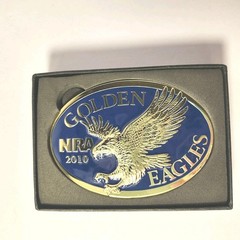 NRA Belt Buckle Golden Eagle 2010 Gold with Blue Background New in Original Box