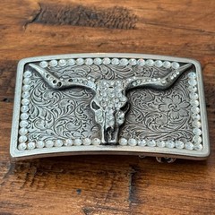 Western Longhorn Skull Belt Buckle Silver Engraved Floral Rhinestone Accents