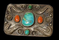 LARGE Southwestern Navajo Sterling 925 Turquoise Coral Belt Buckle vtg OLD PAWN