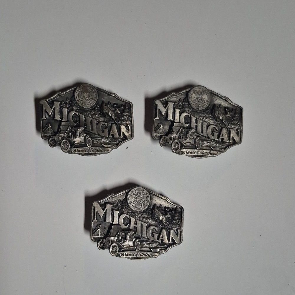 Lot of 3 Michigan 150 Years Statehood Limited Edition Silver Belt Buckles 1.5&Prime;