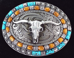 NIB Montana Silversmiths Attitude Steer Skull w/Faux Turquoise/Gemstone Buckle