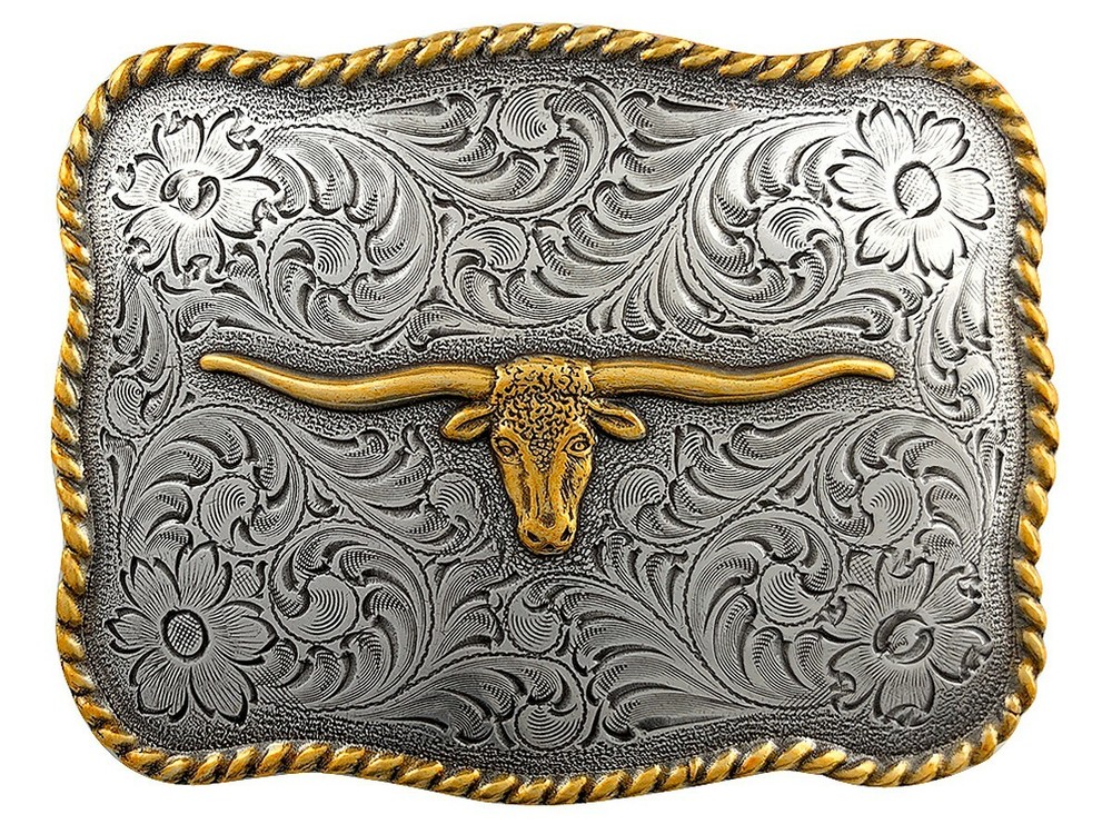 WESTERN ANTIQUE GOLD LONGHORN STEER COWBOY TROPHY BELT BUCKLE fits 1-1/2&Prime; Strap