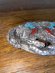 BELT BUCKLE, WOLF MOTIFF, PEWTER & TURQUIOSE, 4-INCH, MADE IN USA EJC96
