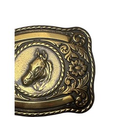 Vintage Horse Head Belt Buckle Brass Tone Western Floral Engravable Made in USA