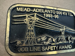 Vtg Solid Brass Belt Buckle Mead-Adelanto 500 KV T.L. Job Line Construction Dyna