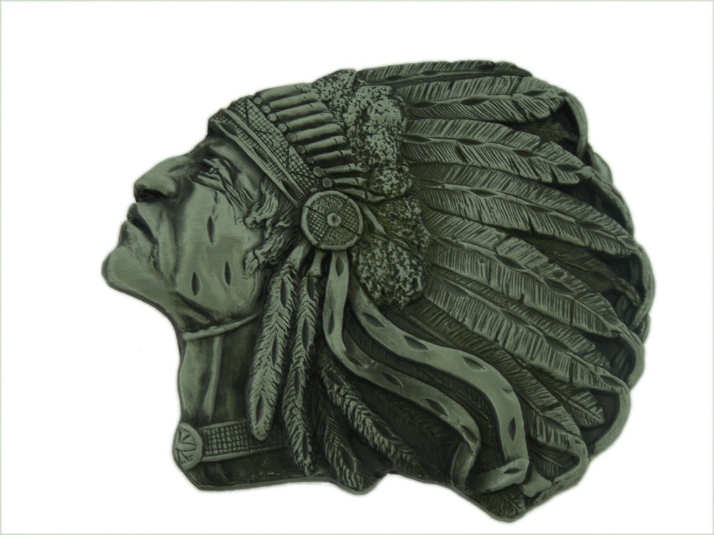 Indian Head Belt Buckle Chief Headdress Native American Silver Metal Antiqued