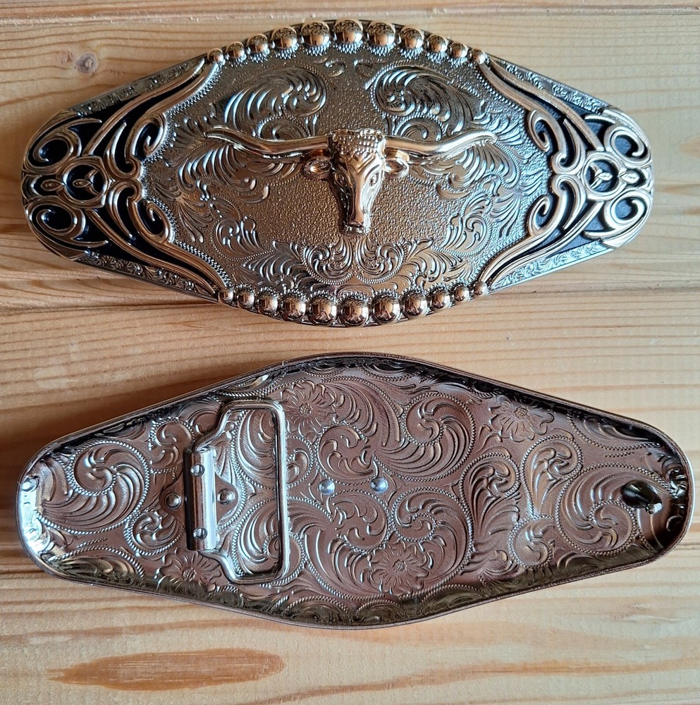 BIG Long horns bull balls western country silver & gold & black belt buckle