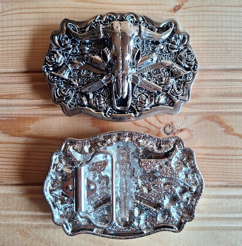 Long horns Bull skull head guns western country silver belt buckle