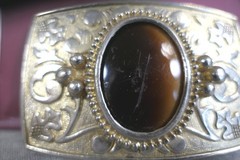 Vintage Gold Metal Western Engraved Plumes & Oak Leaves Agate Cameo Belt Buckle