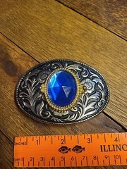 Western Style Belt Buckle Silver/Gold Tone Blue/purple Center Floral Pattern