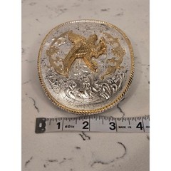 Western Eagle Belt Buckle Two Tone Gold Silver Floral Scroll Rope Border Oval