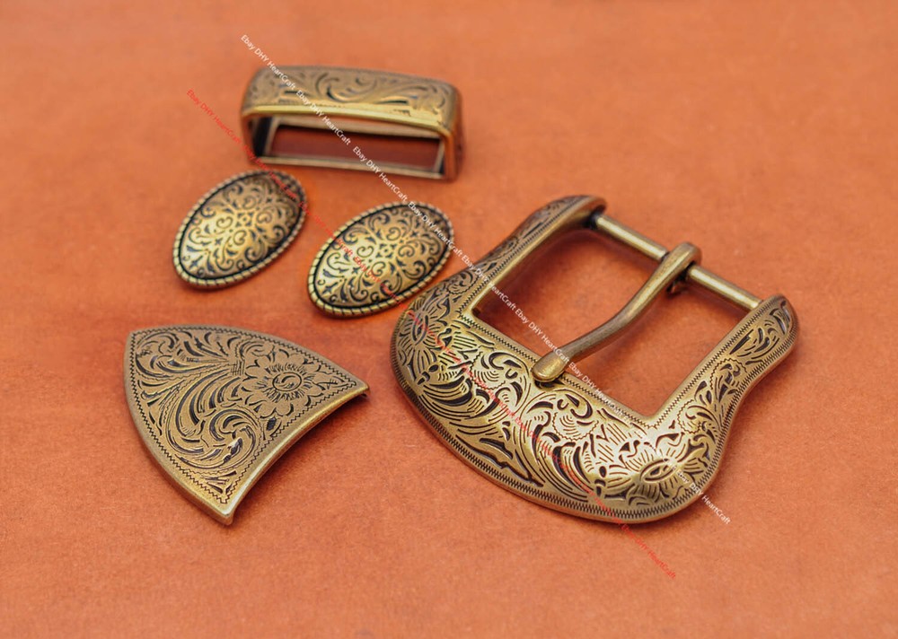 Antique Brass Western Cowboy Rodeo Floral 5 pcs Set Belt Buckle fit 1-1/2&Prime; Belt