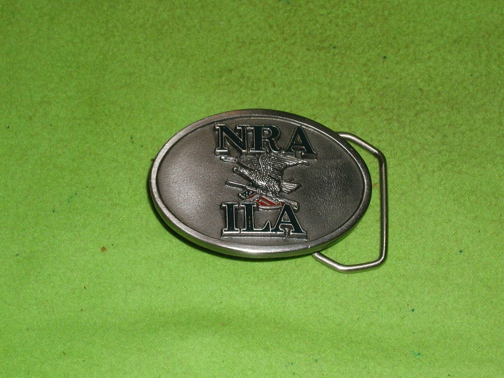 VTG NEW OEM NRA/ILA 1980S POLISHED PEWTER W/MULTI COLOR LETTERING/FLAG BUCKLE