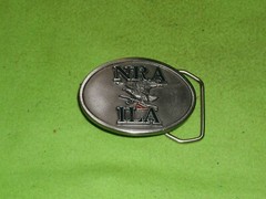 VTG NEW OEM NRA/ILA 1980S POLISHED PEWTER W/MULTI COLOR LETTERING/FLAG BUCKLE