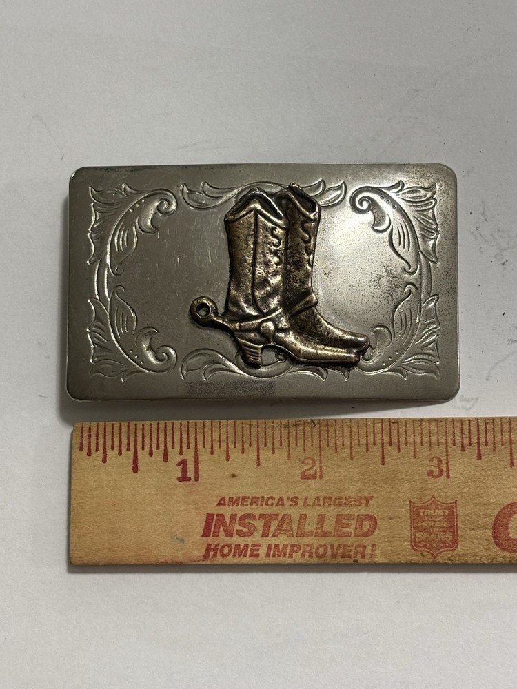 Vintage Men&rsquo;s Silver Tone Western Cowboy Boots Rectangular Metal Belt Buckle