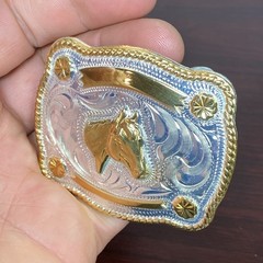 JUSTIN Silver Mexico Horse Head 2-5/8”x2-1/8” Belt Buckle SHINY GOLD SILVER Tone