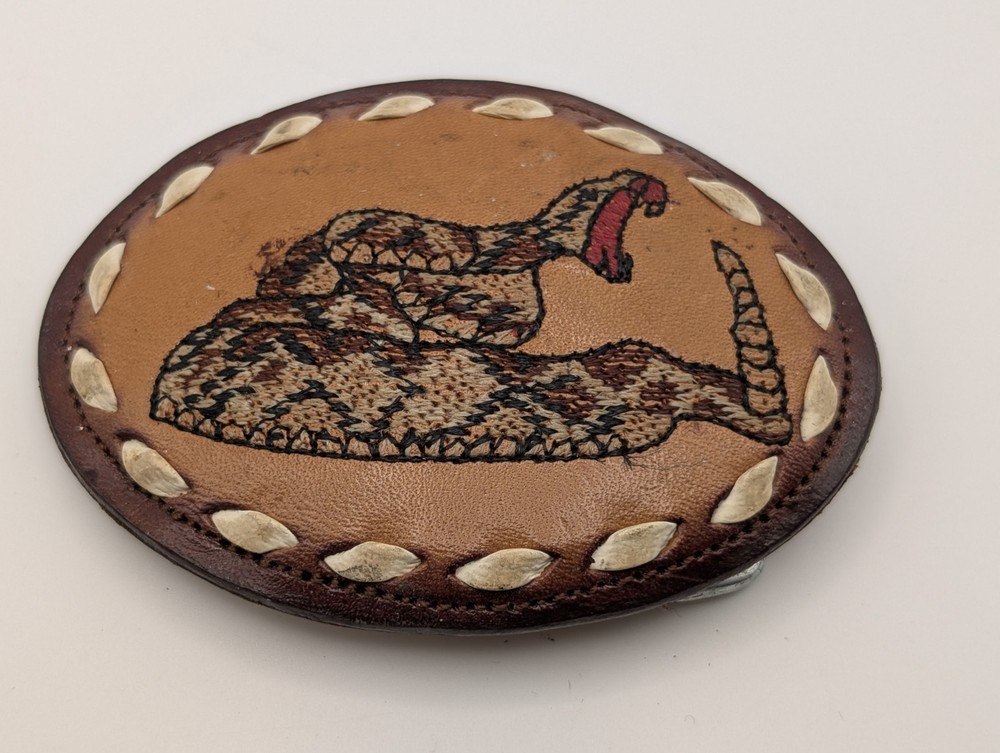 Vintage Nocona Rattlesnake Belt Buckle Hand Tooled Leather Western Oval