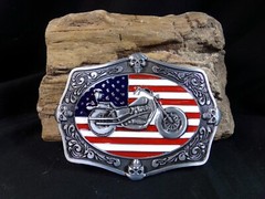 Motorcycle Belt Buckle with the American Flag & 4 Skulls in the middle & ends.