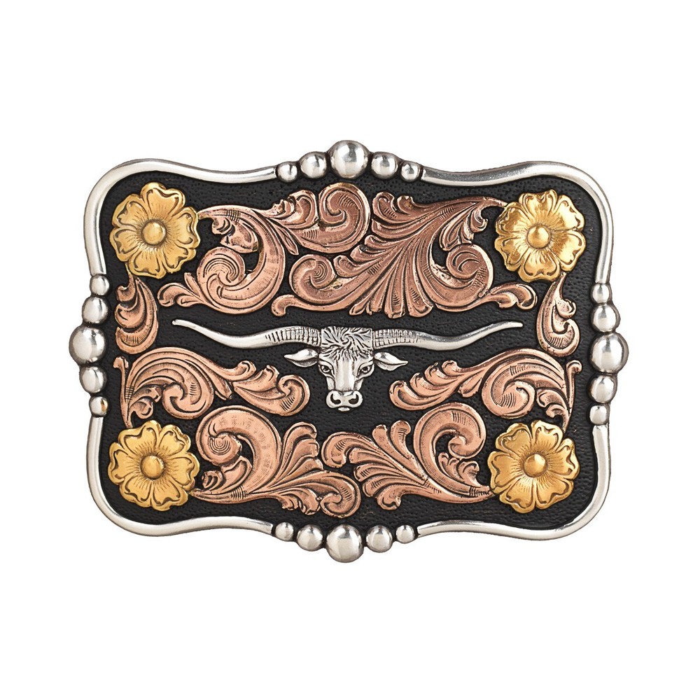 LONGHORN – Western Belt BUCKLE – Copper, Brass, Silver Steer w/ Black background