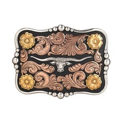 LONGHORN – Western Belt BUCKLE – Copper, Brass, Silver Steer w/ Black background