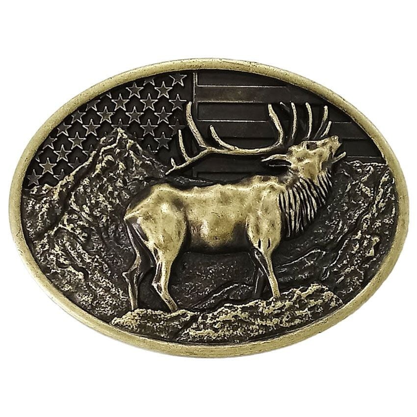Belt Buckle Metal Elk Deer American Flag Cowboy Hunter Outdoors Fits 1.5&Prime; Belts